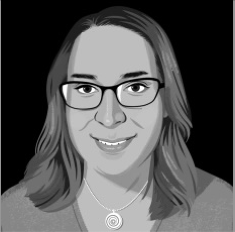A black and white headshot illustration of Katelyn Burns, a smiling woman with shoulder-length straight hair wearing glasses.