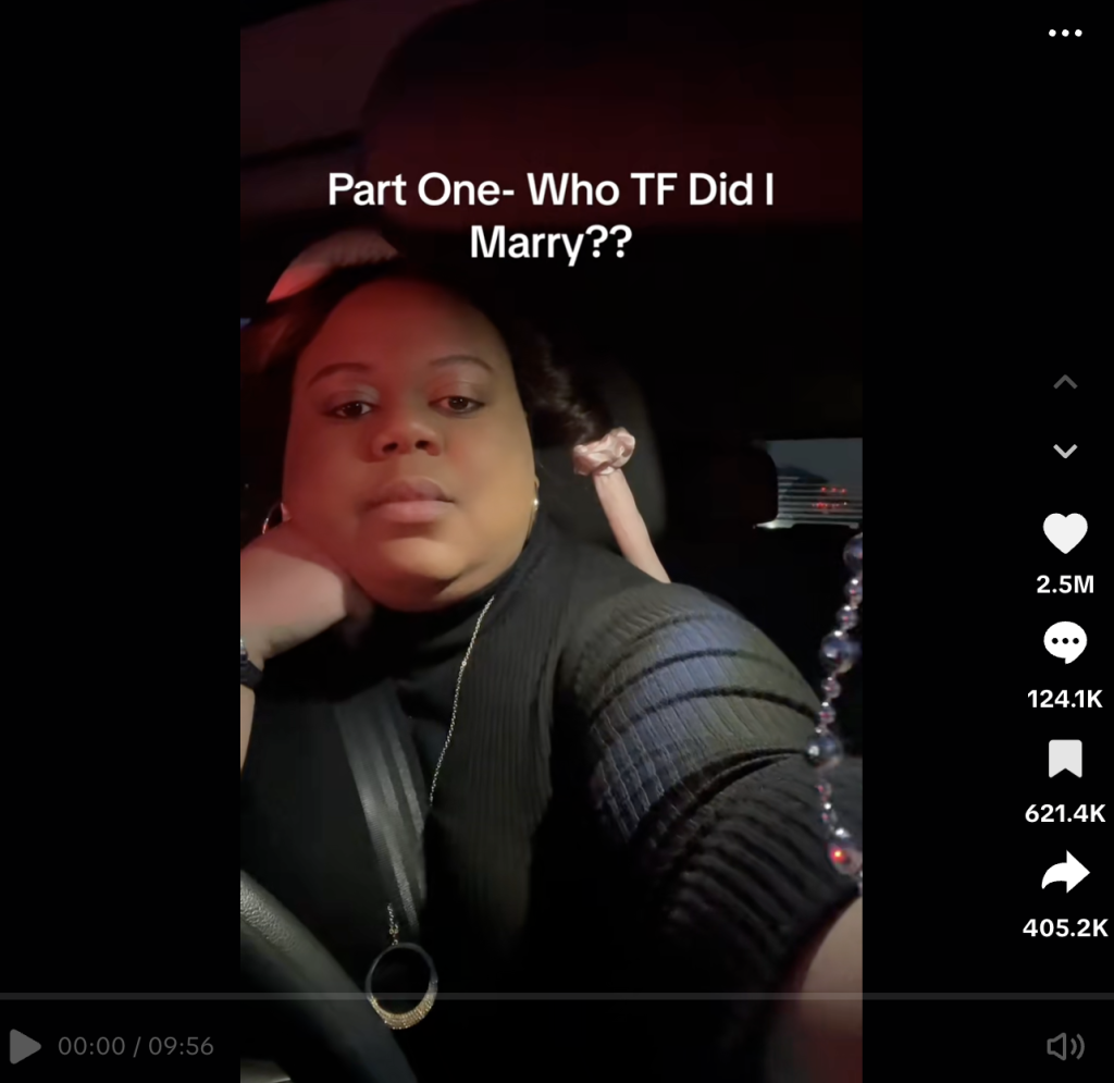 A screenshot from TikTok showing Reesa Teesa, a Black woman in the interior of her car under the heading "Part One- Who TF Did I Marry?