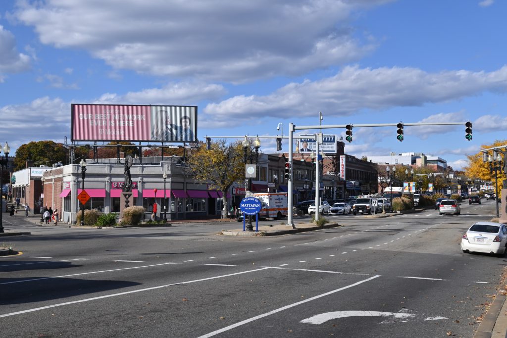 Mattapan Square in Boston, an intersection dominated by car lanes with little sign of human life