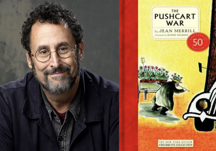 A headshot of playwright Tony Kushner next to the cover of The Pushcart War