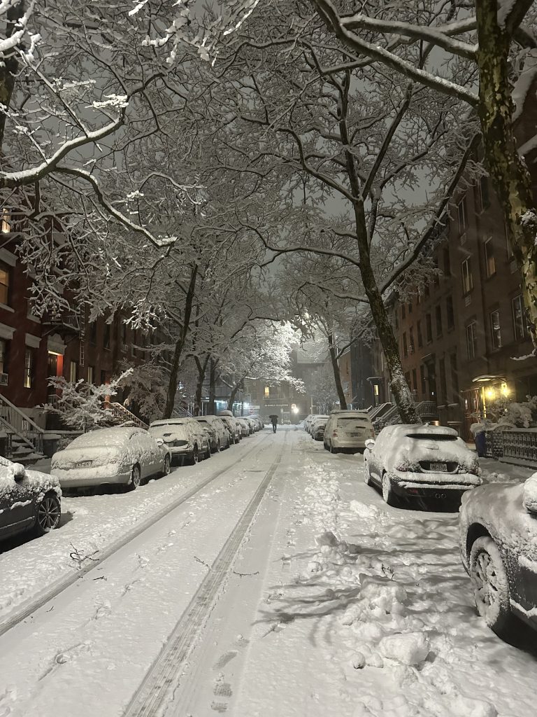 A snowy street scene in NYC at night. At the far end of a block with no cars driving on it, a person walks with an umbrella under snow-covered trees.