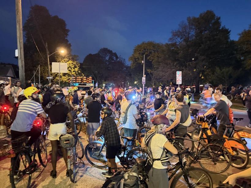 A large group of bicyclists gathered in the Etobicoke bike lane in Toronto to protest their removal.